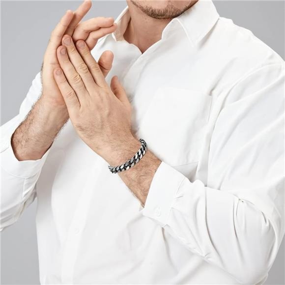 Bracelets for Men-Stainless Steel Fold Over Clasp Cuban Chain Mens Bracelet - Picture 3 of 6